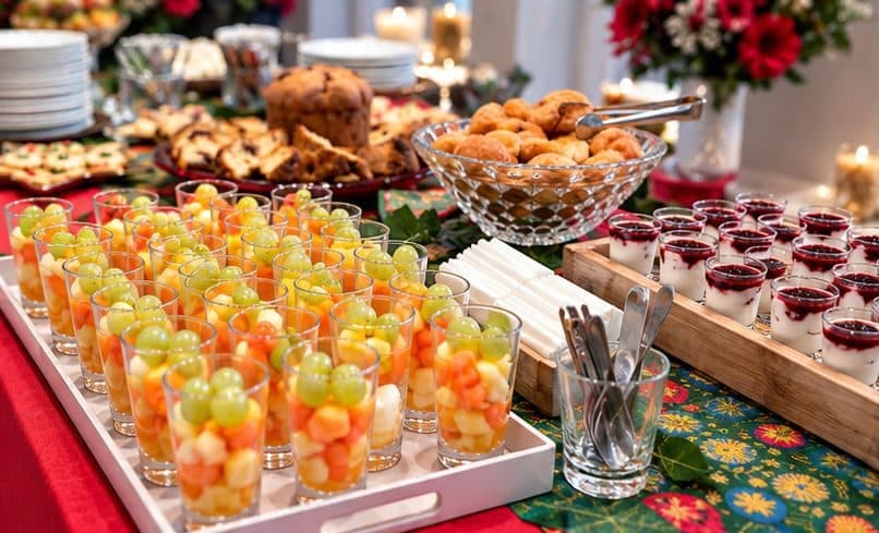Copos de frutas frescas variadas em mesa de evento corporativo