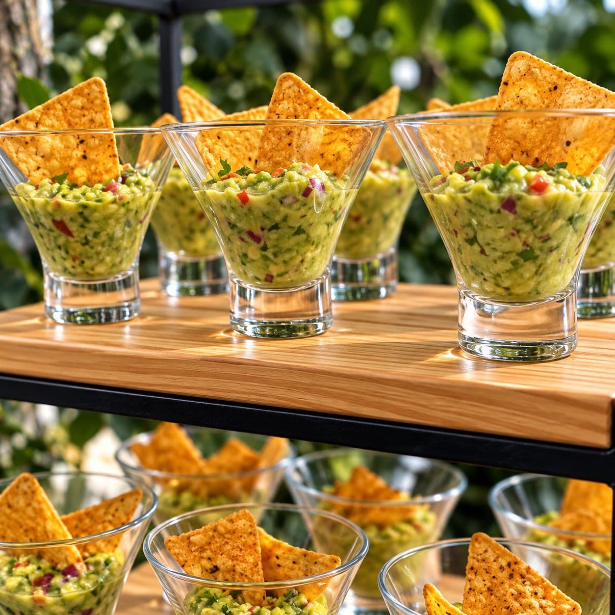 Copinhos de guacamole com nachos servidos em evento ao ar livre