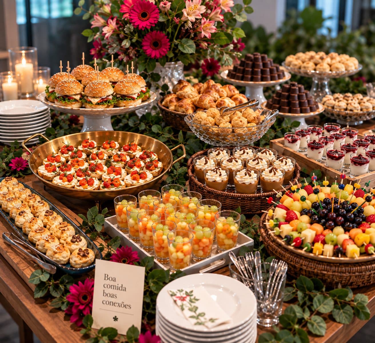 Mesa completa de buffet com flores rosa, mini burgers, tortinhas e docinhos