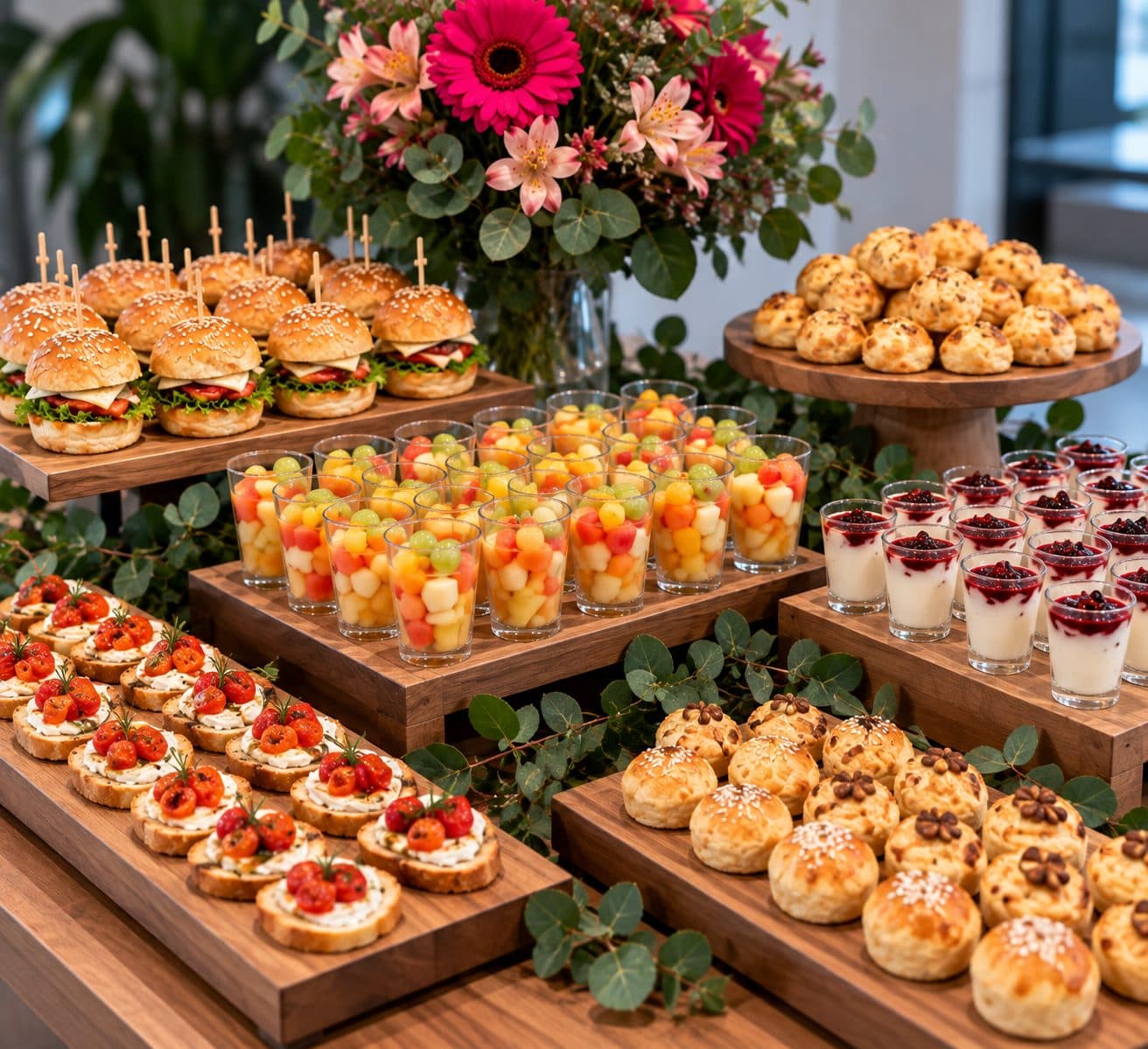 Mesa de buffet com flores rosa, mini burgers, frutas e pão de queijo em detalhe