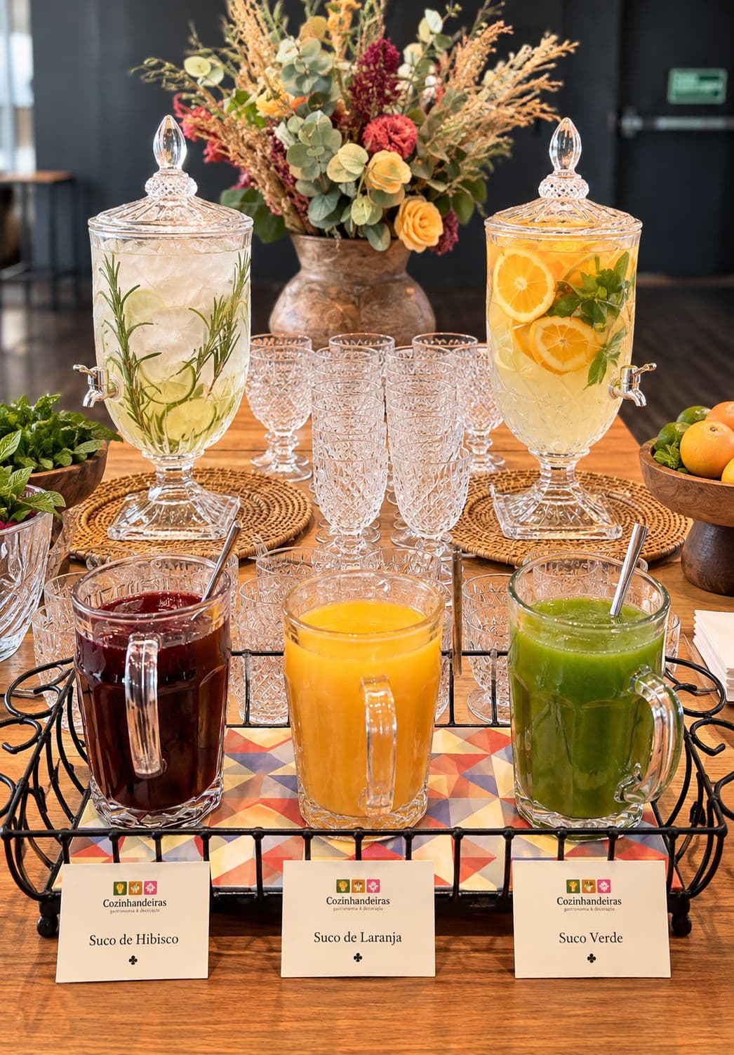 Mesa de sucos naturais com arranjo floral e dispensers de limonada e suco de laranja